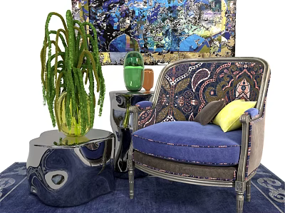 Accent Chair With Blue Cushion Yellow Pillow Green Vase Potted Plant And Artwork On Rug 3d model