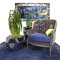 Accent Chair With Blue Cushion Yellow Pillow Green Vase Potted Plant And Artwork On Rug