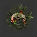3D Game Character With Red Beard Straw Hat Glasses Holding Red Object Tool In Green Grass