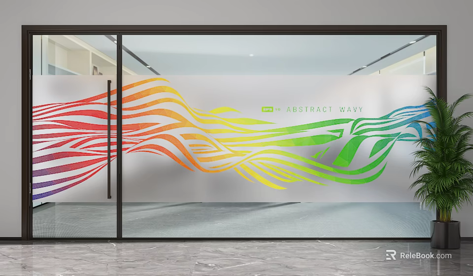 Modern Glass Partition With Colorful Wave Patterns For Office Interior Design 3d model 