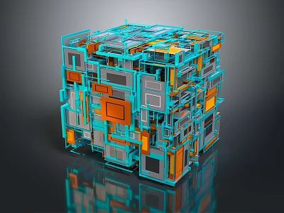 Abstract Geometric Equipment Structure With Blue And Orange Cubes 3d model
