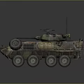 Camouflaged Six Wheeled Military Vehicle With Cage Armor Roof Mounted Machine Gun And Antennas