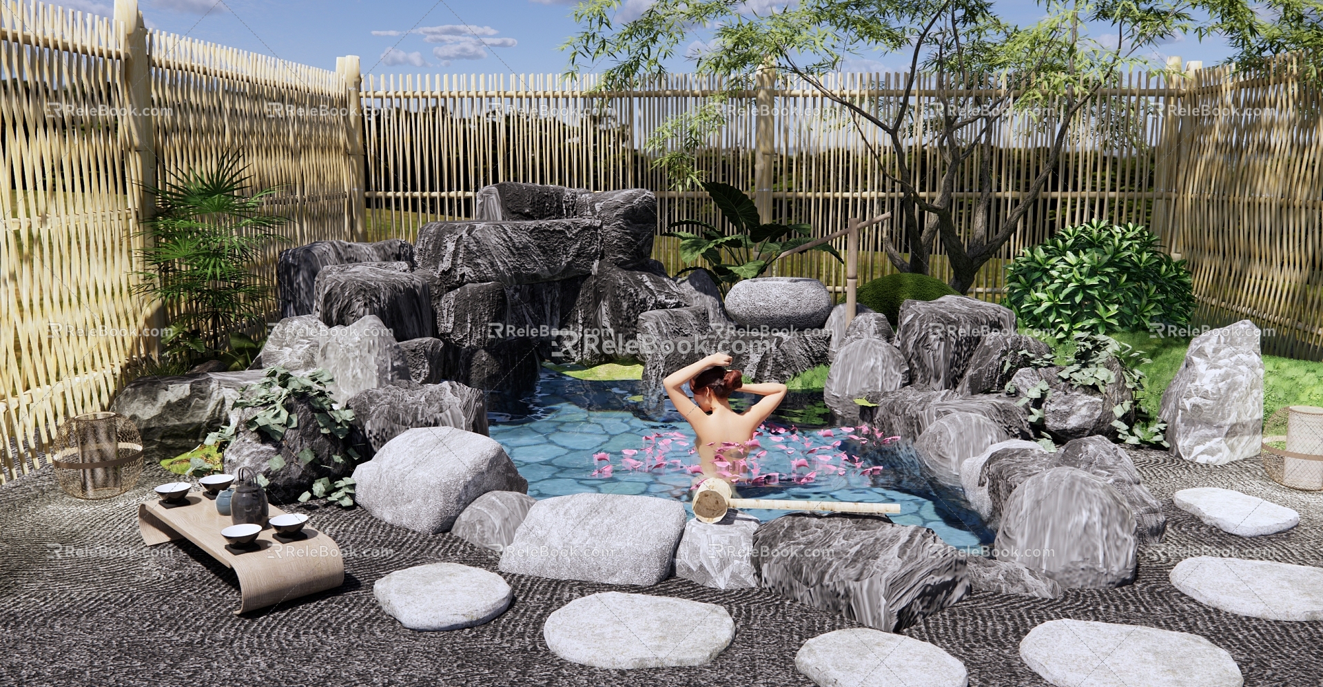 New Chinese Courtyard Zen Courtyard Garden Hot Spring Pool Petal Hot Spring Pool Hot Spring Hotel Private Soup Pool Garden Open-air Pool model