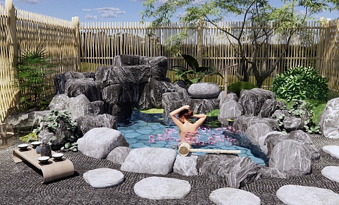 New Chinese Courtyard Zen Courtyard Garden Hot Spring Pool Petal Hot Spring Pool Hot Spring Hotel Private Soup Pool Garden Open-air Pool 3d model