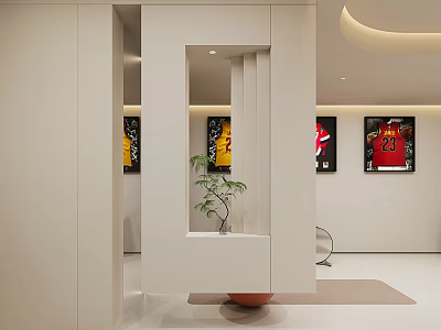 Modern Minimalist Interior Hallway With White Partition Green Plant And Decorative Paintings 3d model