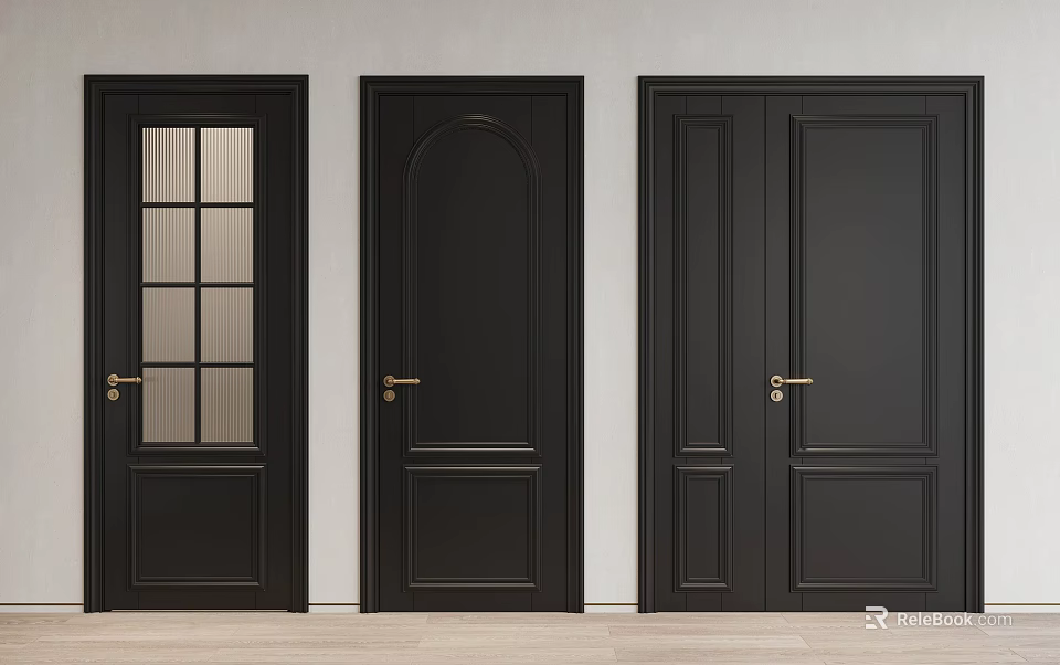 Modern Black Hinged Doors With Golden Handles Glass Panel And Solid Designs 3d model 