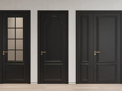 Modern Black Hinged Doors With Golden Handles Glass Panel And Solid Designs 3d model