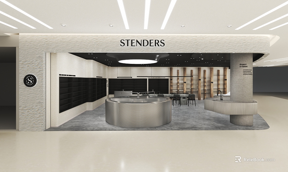 STENDERS Store Modern Interior With Circular Counter Wooden Shelves And Ceiling Lighting 3d model 