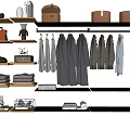 Modern Hangers With Hanging Coats Shirts Folded Clothes And Storage Boxes On Wall Shelves