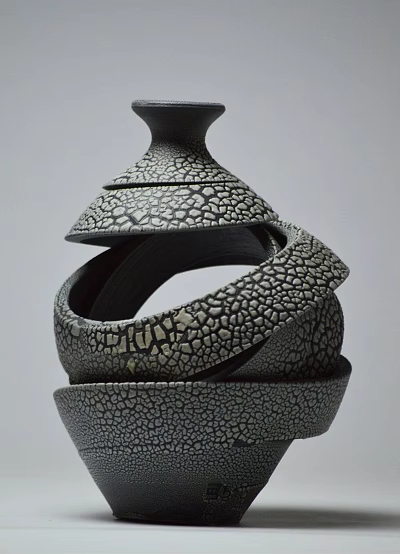 Unique Ceramic Vessel With Intricate Crackle Pattern And Spiral Layered Design 3d model