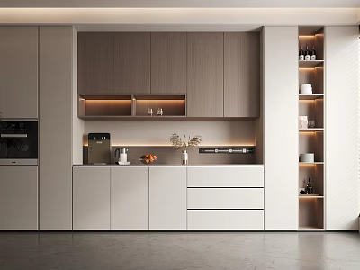 Modern Kitchen Wine Cabinet With Shelves Holding Wine Bottles And Glasses 3d model