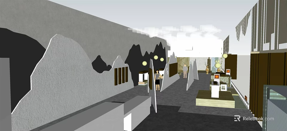 Modern Retail Store Exterior With Gray Building Street Lamps And Pedestrians 3d model 