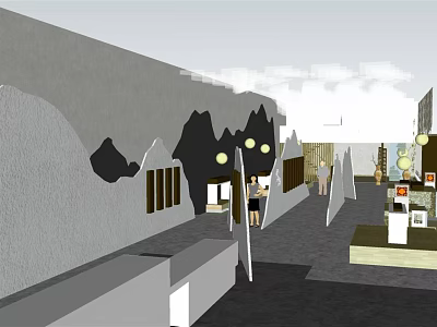 Modern Retail Store Exterior With Gray Building Street Lamps And Pedestrians 3d model