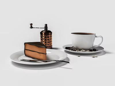 Tableware Set With White Plate Fork Chocolate Cake White Coffee Cup And Copper Coffee Grinder 3d model