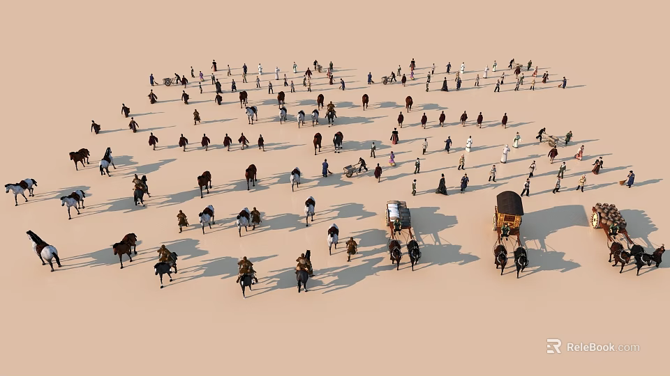 Scene of Many People Riding Horses and Pulling Carts on Sandy Ground 3d model 