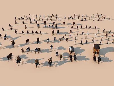 Scene of Many People Riding Horses and Pulling Carts on Sandy Ground 3d model