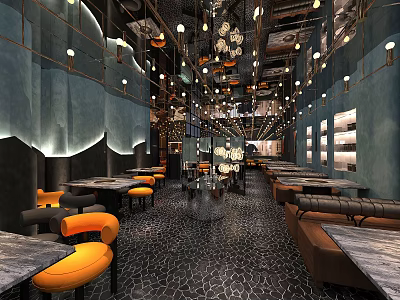 Modern Restaurant Interior With Blue Walls Orange Seats And Marble Tables 3d model