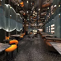 Modern Restaurant Interior With Blue Walls Orange Seats And Marble Tables