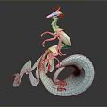 3D Fantasy Dragon Sculpture With Light Blue White Body Green Horns And Wave Shaped Base