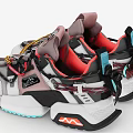 Modern Stylish Sneakers Featuring Gray Red White Color Yellow Laces And Blue Sole Details