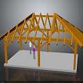 Bright Orange Wooden Roof Truss Building Structure With Two Figures Below