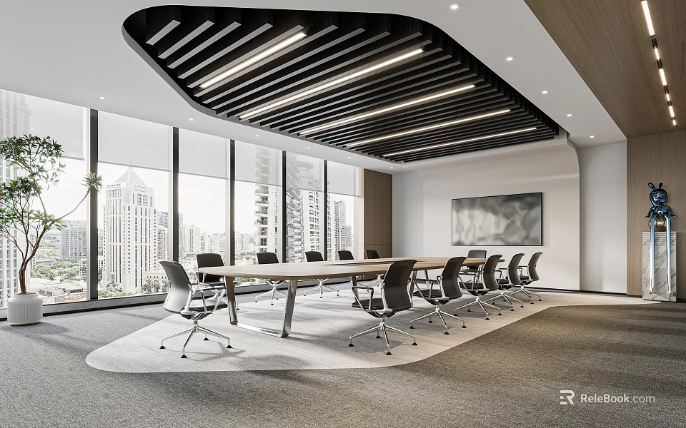 Modern Conference Room Design with Large Windows City View Long Table Chairs and Black Ceiling 3d model 
