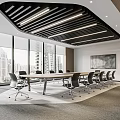 Modern Conference Room Design with Large Windows City View Long Table Chairs and Black Ceiling