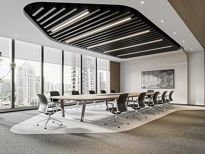Modern Conference Room Design with Large Windows City View Long Table Chairs and Black Ceiling 3d model