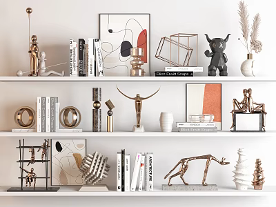 Modern Decorative Ornament Set Displayed On Shelves With Geometric Sculptures Books Abstract Paintings And Vases 3d model