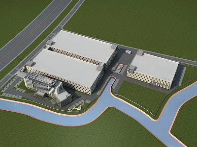 Large Industrial Factory Building Complex With Road River And Green Surroundings 3d model