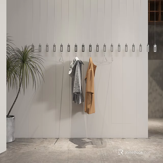 Minimalist Clothing Store Interior With White Wall Hanging Clothes Hangers And Palm Plant 3d model 