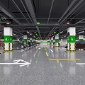 Modern Parking Lot with Parked Cars Floor Markings Arrows And Green White Columns