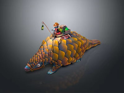 Vibrant Scaled Pangolin Carrying Child With Hanging Lantern And Decorative Saddle 3d model