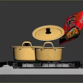 Stainless Steel Double Burner Gas Stove with Golden Pots and Open Lid