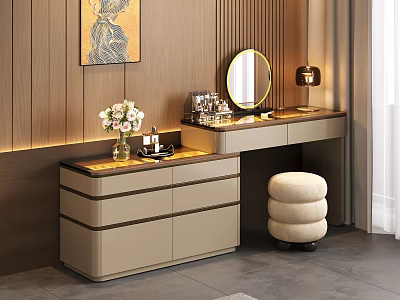 Elegant Dressing Table with Round Mirror Lamp Flower Vase Stool and Painting on Wooden Wall 3d model