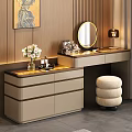 Elegant Dressing Table with Round Mirror Lamp Flower Vase Stool and Painting on Wooden Wall