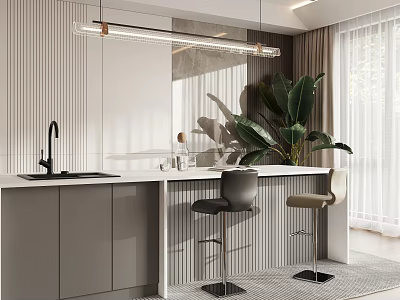 Modern Restaurant Interior Design With Bar Counter Stools Green Plant And Lighting 3d model