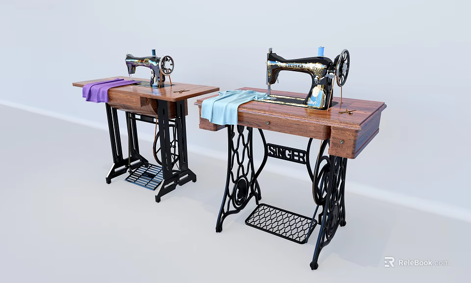 Industrial Sewing Machines On Wooden Tables With Purple And Light Blue Fabric 3d model 