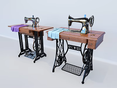 Industrial Sewing Machines On Wooden Tables With Purple And Light Blue Fabric 3d model