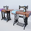 Industrial Sewing Machines On Wooden Tables With Purple And Light Blue Fabric