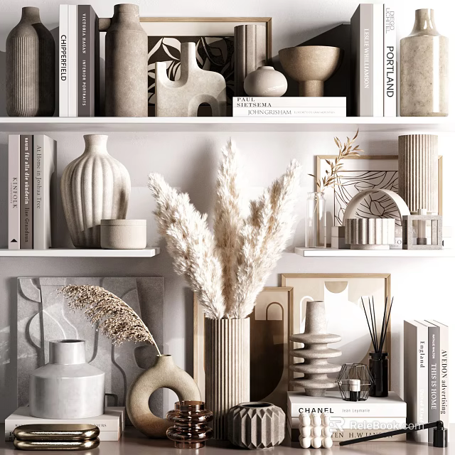 Modern Minimalist Shelf Decorative Ornament Sets With Vases Dried Pampas Sculptures And Books 3d model 