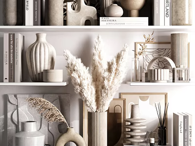Modern Minimalist Shelf Decorative Ornament Sets With Vases Dried Pampas Sculptures And Books 3d model