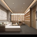 Chinese Style Beauty Hair Salon Interior With Wooden Display Shelves And Sofa