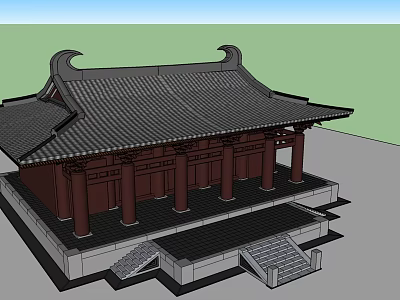 Ancient Chinese Architecture with Curved Eaves Tiled Roof Red Pillars and Stone Steps 3d model