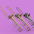 Three Silver And Gold Brass Trombones On Purple Background Musical Instruments