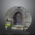 Architectural Arched Stone Door With Wooden Frame Stone Walls And Yellow Flowers Potted Plants