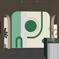 Modern Clinic Education Reception Area With Green Front Desk And Geometric Wall Design