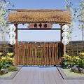 Traditional Bamboo Gate with Thatched Roof Hanging Lanterns Stone Path and Flowers Plants
