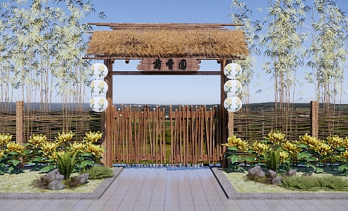 Chinese-style Country Courtyard Gate Courtyard Gate Wall Thatch Small Chai Men Homestay Small Courtyard Gate Bamboo Fence Chrysanthemum Bamboo 3d model