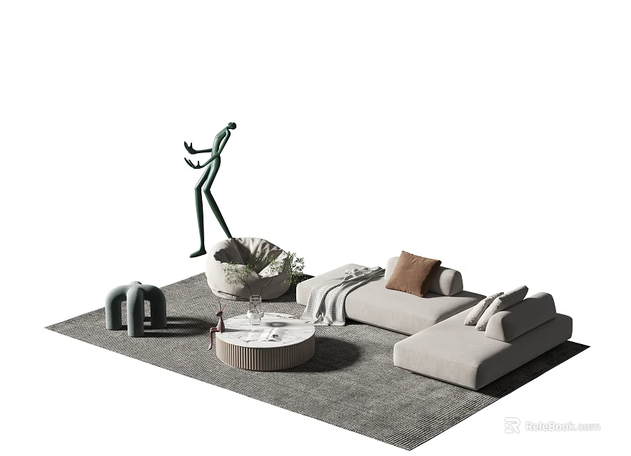 Modern Minimalist Sofa Coffee Table Combination With Light Beige Sofa Round Table And Soft Rug 3d model